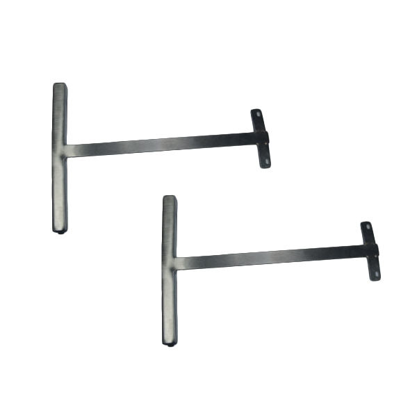 A pair of metal brackets on a long rectangular metal bar with a white background.