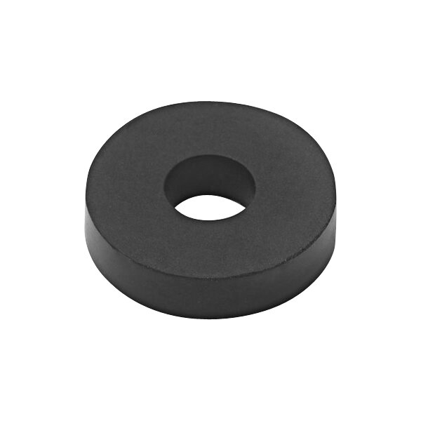 A black rubber round washer with a hole in the middle.