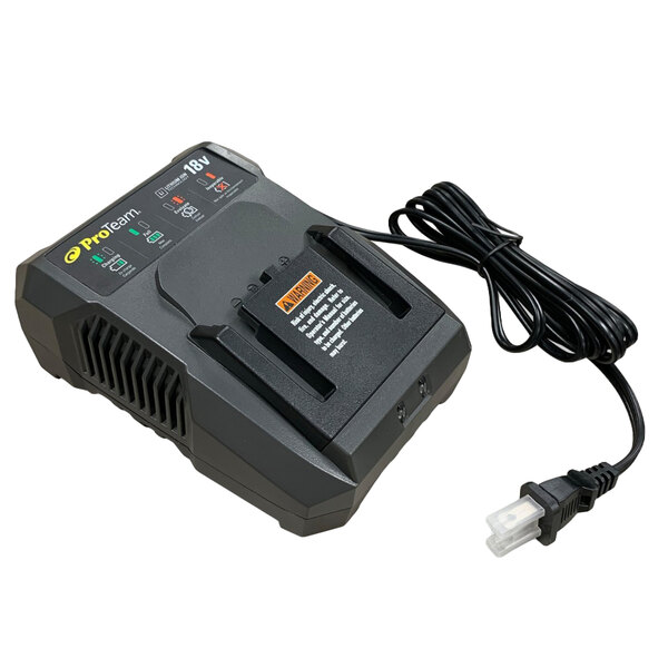 A black ProTeam battery charger with a cord attached.