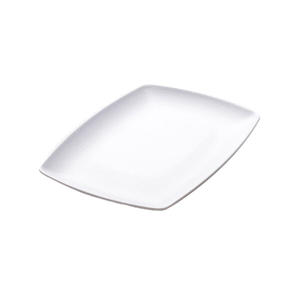 A white rectangular melamine platter with a white rim.