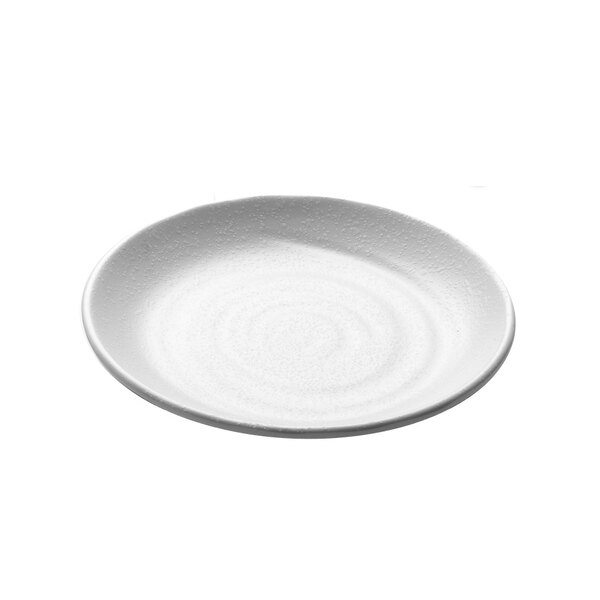 A close-up of an Elite Global Solutions white melamine plate with a spiral pattern.