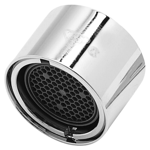 A close-up of a chrome and black T&S faucet aerator.