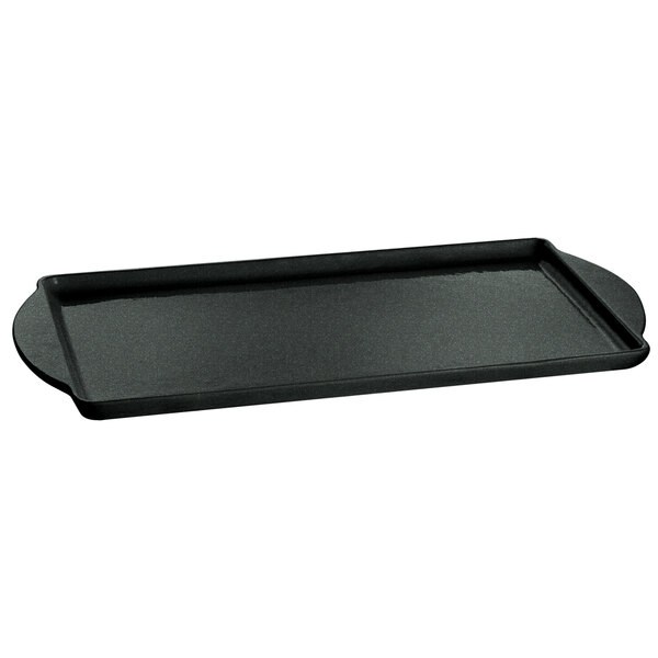 A Tablecraft black rectangular tray with a green speckle design and a handle.