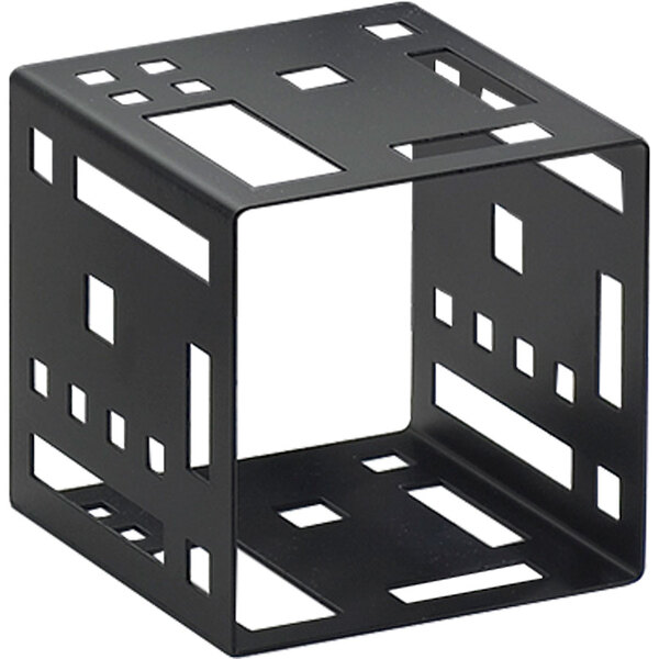 A black steel cube with holes.