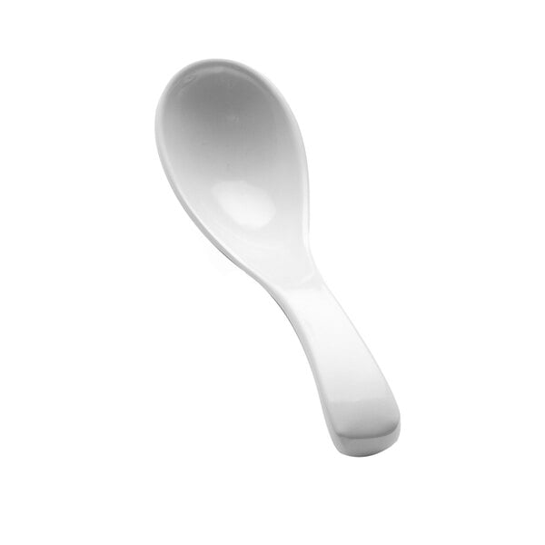 A close-up of an Elite Global Solutions white soup spoon.