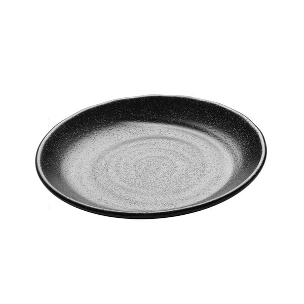 A black round melamine plate with a spiral pattern.