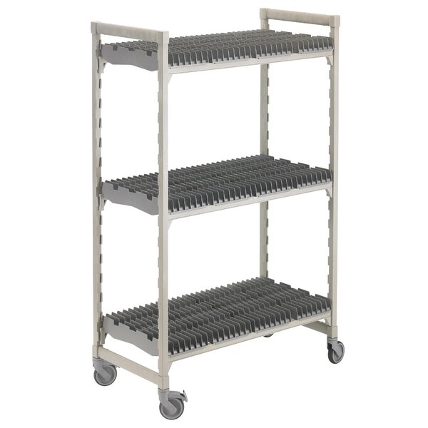 A grey metal three tier Camshelving drying rack cart with wheels.