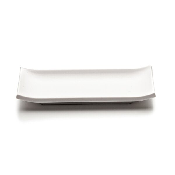 A white rectangular melamine tray with a small handle.