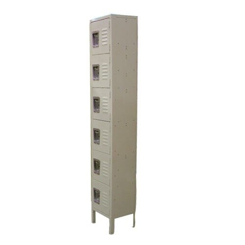 An Omcan beige metal locker with six compartments.
