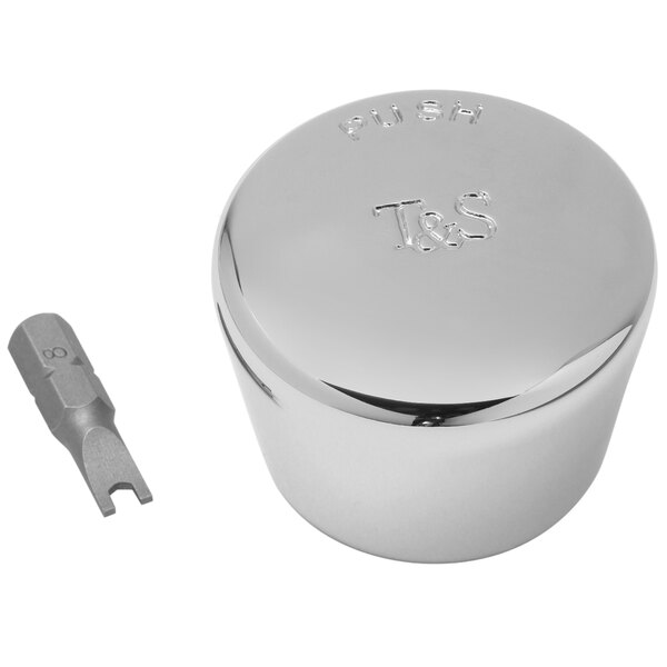A silver T&S blank push cap assembly with a screw.