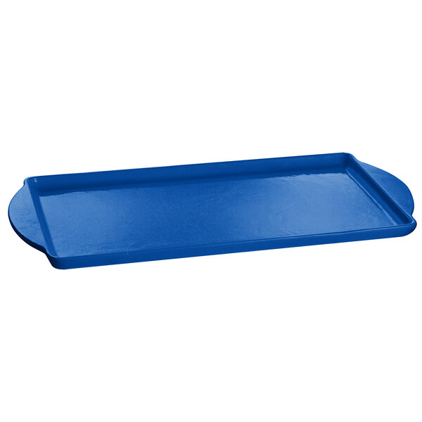 A Tablecraft cobalt blue rectangular tray with a handle.