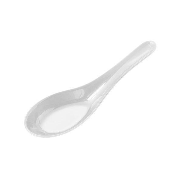 A close-up of a white Elite Global Solutions soup spoon with a white handle.