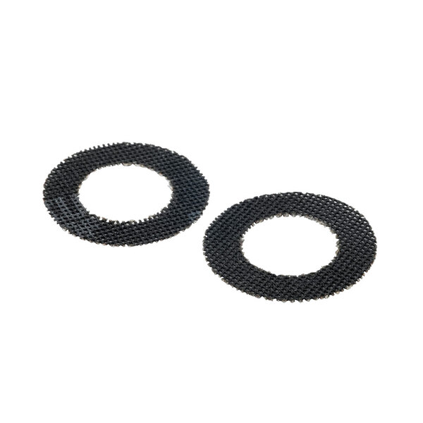 A pair of black circular T&S abrasive washers.