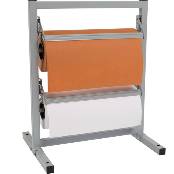 A roll of orange paper on a Bulman metal paper rack stand with serrated blade.