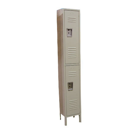 A beige metal Omcan single 2-tier locker with two doors.