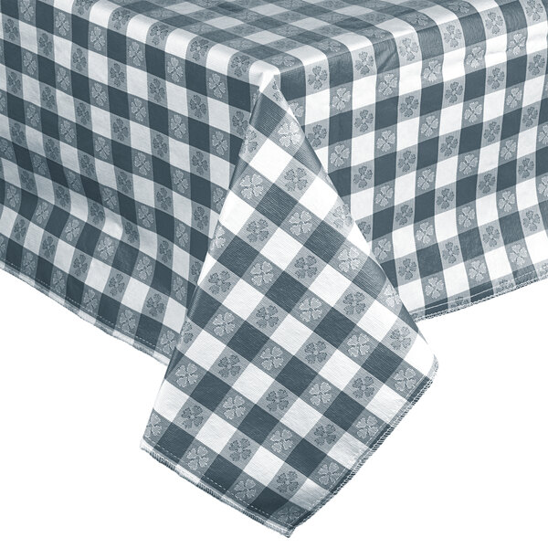 An Intedge blue gingham vinyl table cover with a checkered pattern.
