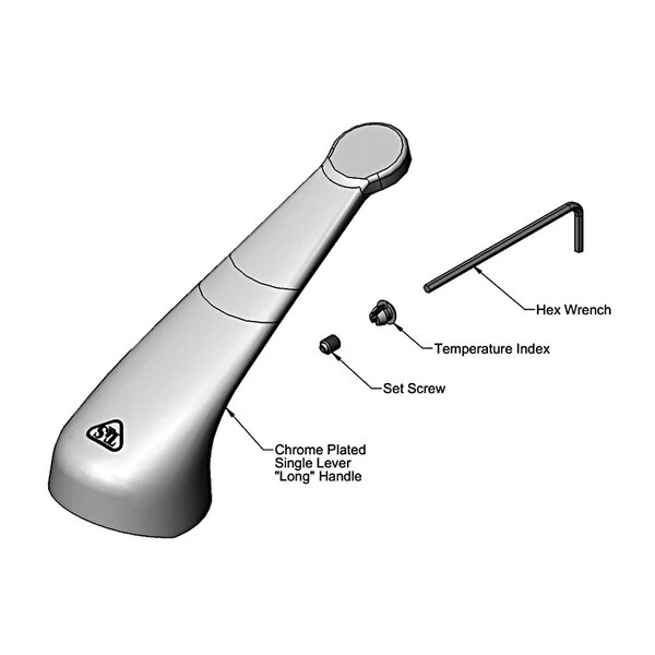 A diagram of a chrome plated T&S single lever faucet handle with a screw and screwdriver.