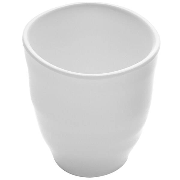A white cup with a handle on a white background.