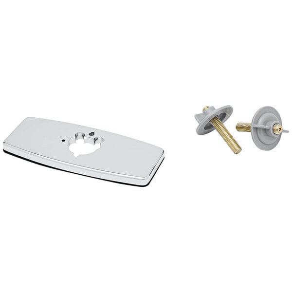 A silver T&S deck plate with a hole in the middle and screws.