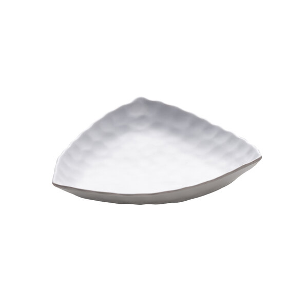 A white triangular melamine platter with a wavy edge.