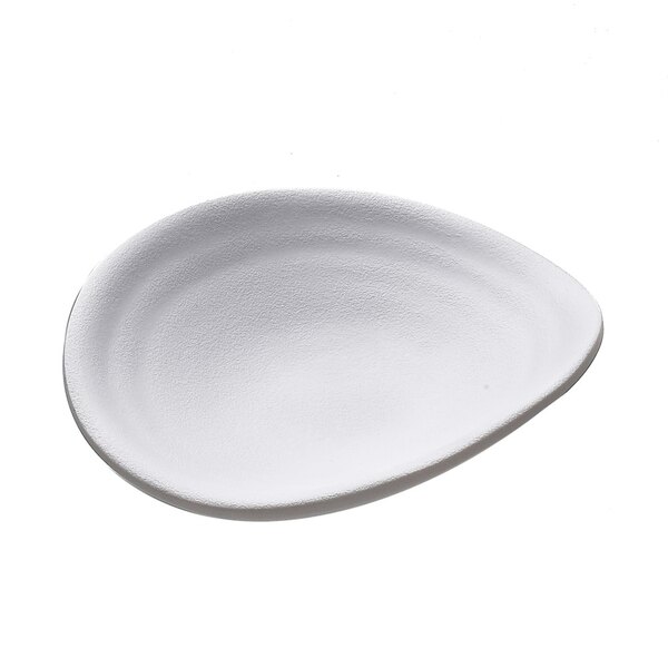 A white oval melamine plate with curved edges.