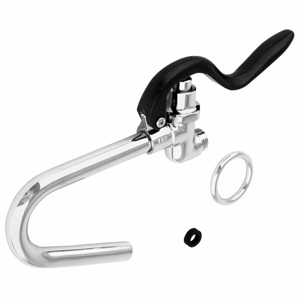 A T&S blue spray valve and hook nozzle assembly with a chrome handle and black ring.