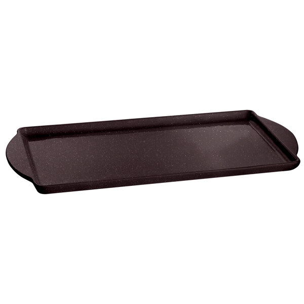 A black metal Tablecraft rectangular tray with a handle.
