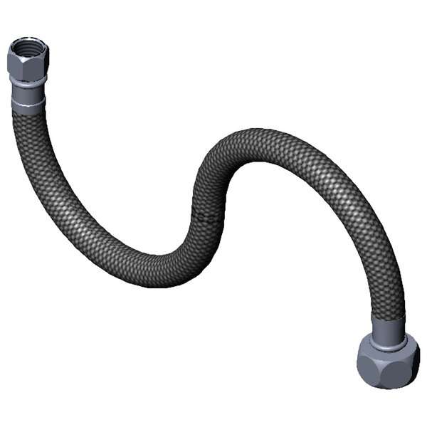A black flexible T&S hose connector with metal nuts on each end.