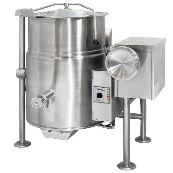 A Cleveland 25 gallon stainless steel steam kettle with a metal lid.