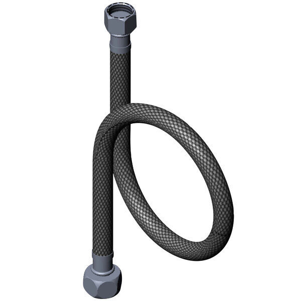 A T&S flex hose connector with a black and grey flexible hose and nuts.