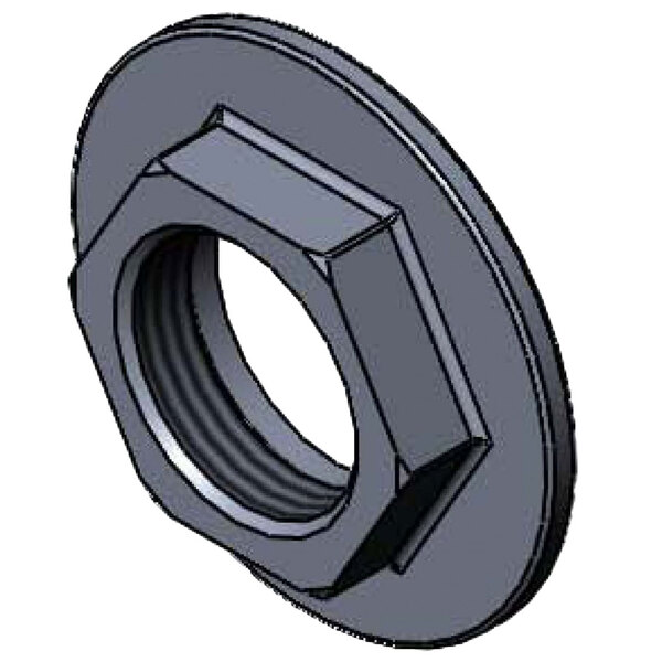 A close-up of a black T&S center flange nut with an open end.