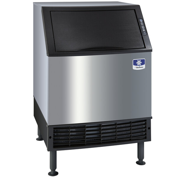 A black Manitowoc undercounter ice machine with a stainless steel lid.