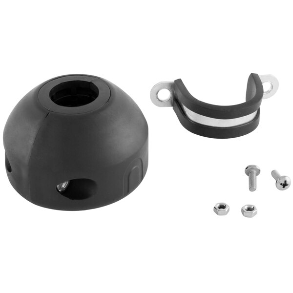 A black rubber ball with a hole and screws.