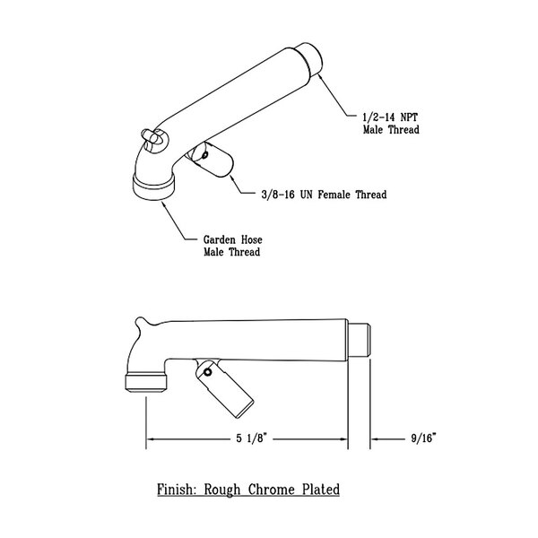 A diagram of a T&S mop sink faucet nozzle with lower support clevis and garden hose outlet.