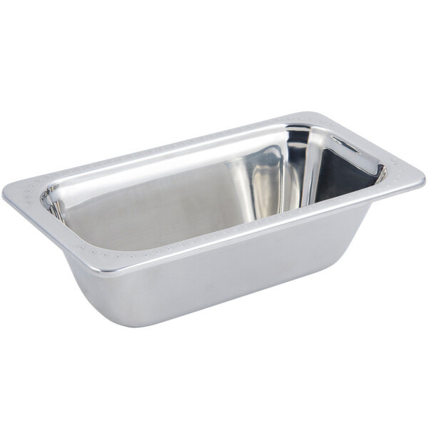 A silver stainless steel rectangular Bon Chef Bolero food pan with a lid.