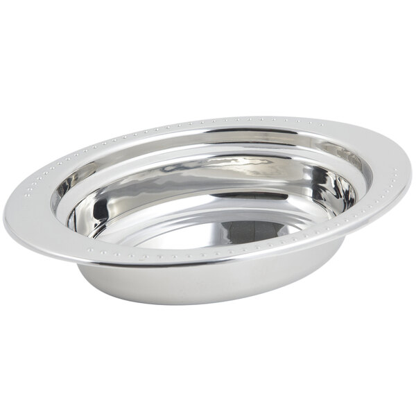 A silver stainless steel Bon Chef oval food pan with a rim.