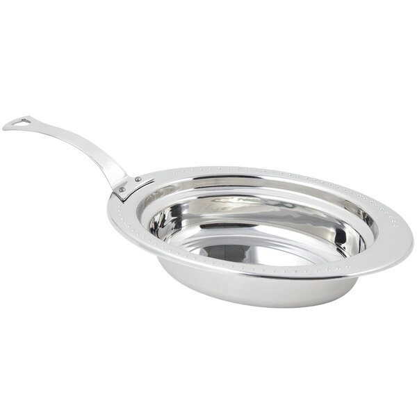 A Bon Chef stainless steel full size oval food pan with long stainless steel handle.
