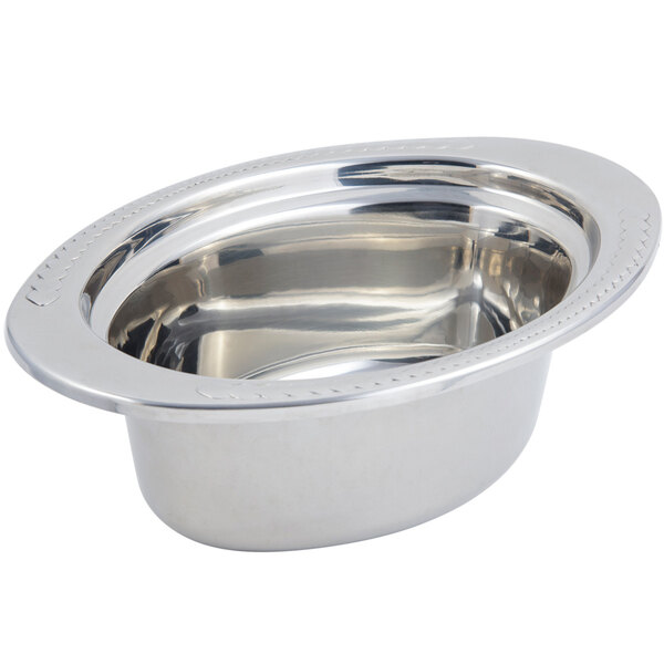 A silver stainless steel Bon Chef oval food pan with a laurel design rim.