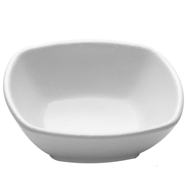 A white square melamine bowl with a small rim.