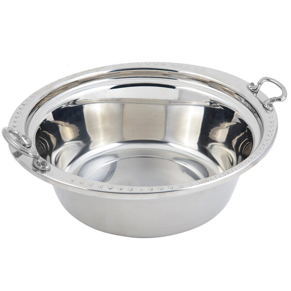 A silver stainless steel Bon Chef casserole food pan with round handles.