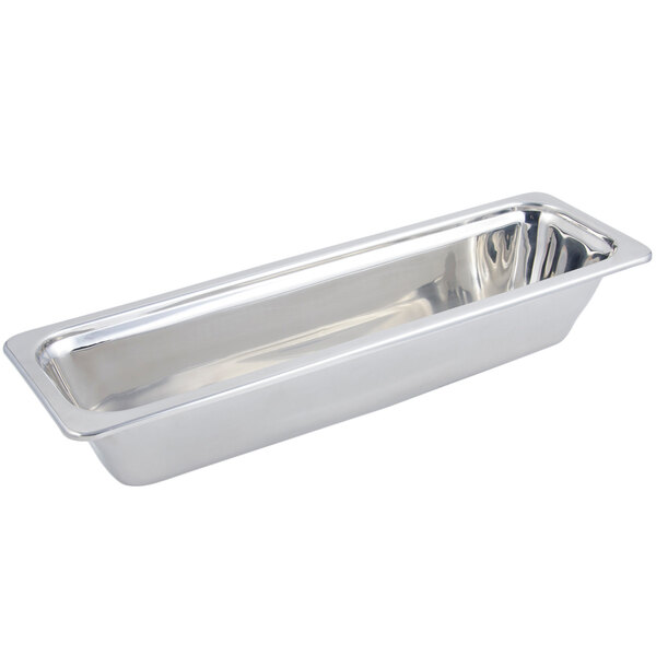 A silver stainless steel rectangular food pan with a handle.