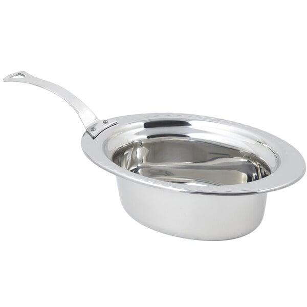 A Bon Chef stainless steel food pan with a long stainless steel handle.