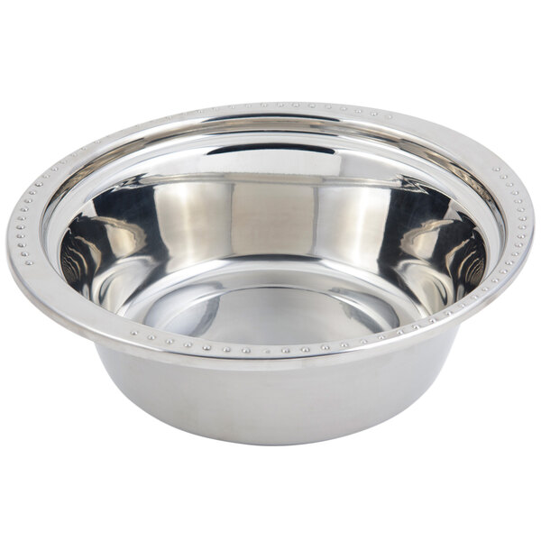 A silver stainless steel Bon Chef casserole food pan with a handle.