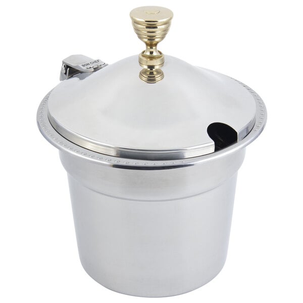 A white background with a stainless steel Bon Chef soup tureen with a hinged lid.
