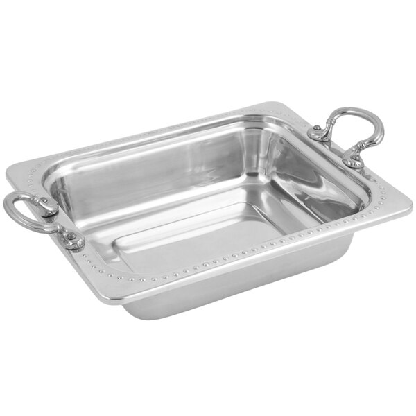 A silver rectangular Bon Chef Bolero design food pan with round stainless steel handles.
