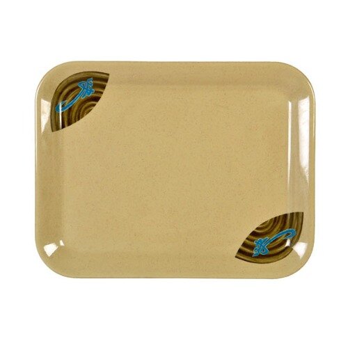 A beige rectangular melamine tray with a blue and green design.