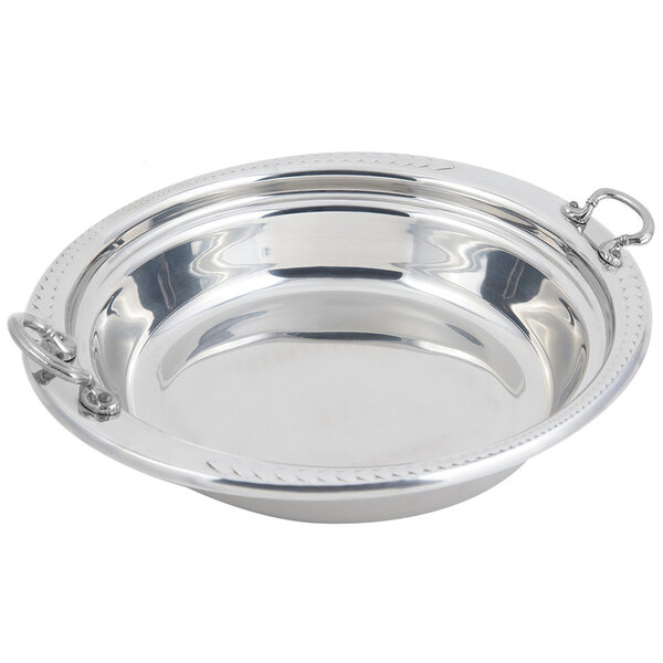 A stainless steel Bon Chef casserole food pan with round handles decorated with a laurel design.