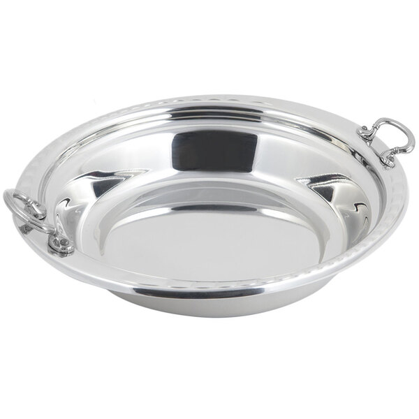 A silver stainless steel Bon Chef casserole food pan with round handles.