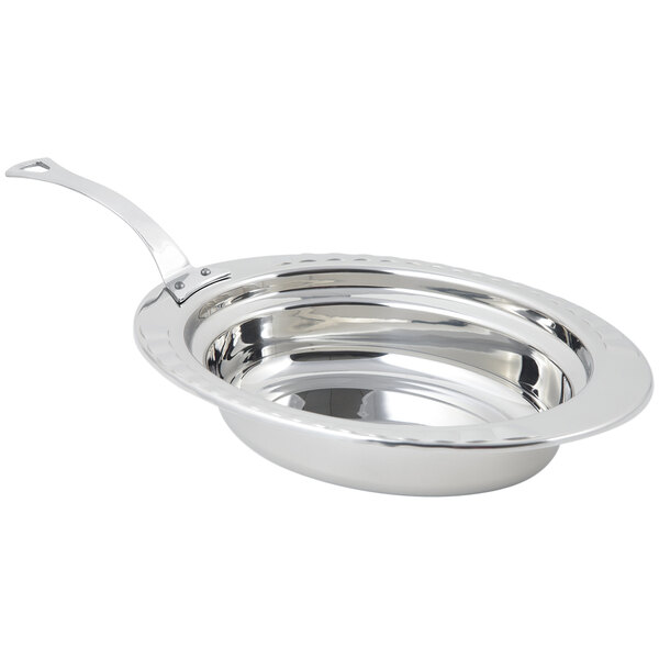 A silver stainless steel Bon Chef oval food pan with long handles.