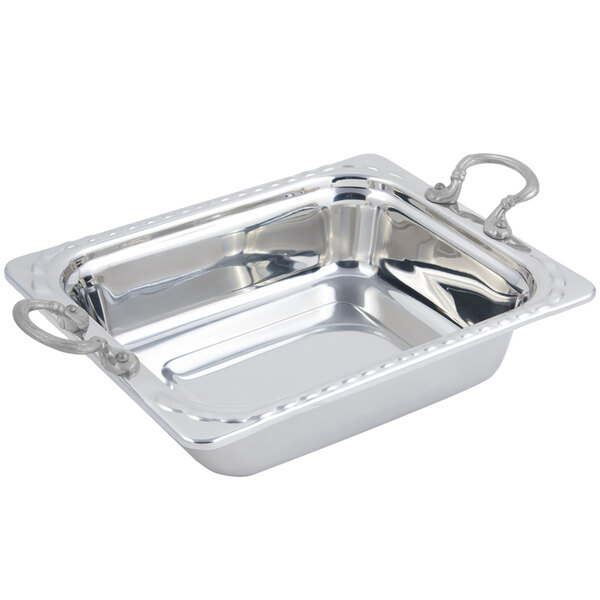 A silver rectangular Bon Chef food pan with round stainless steel handles.